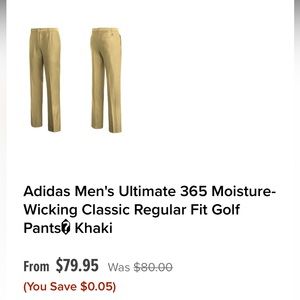 Adidas Ultimate 365 Classic Regular Fit Golf Pant. Khaki. 46”. NWT
